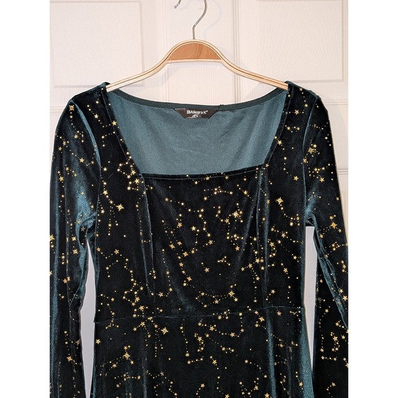Allegra K Velvet Dress Small Green Gold Stars Square Neck‎ Long Sleeve Mini NWT - Picture 6 of 10
